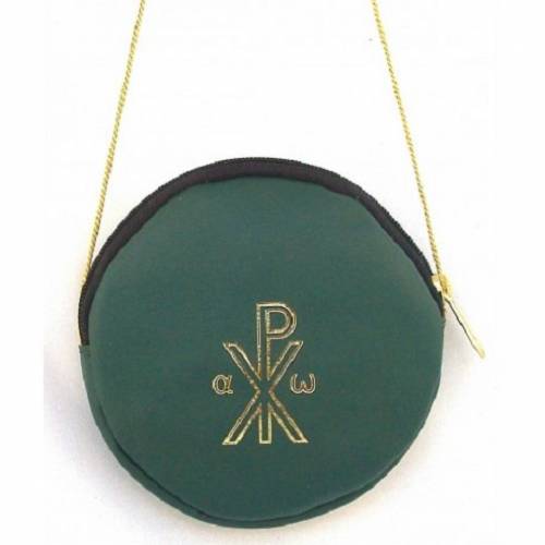 Shrine/round paten holder in green calfskin with cord