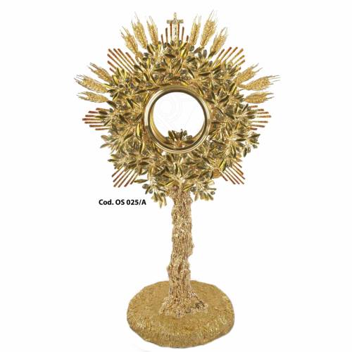 BRASS METAL MONSTRANCE WITH GOLD ENAMELED OLIVE ORNAMENT, GOLD HALO, CAST MICROFUSION BASE OF GOLD