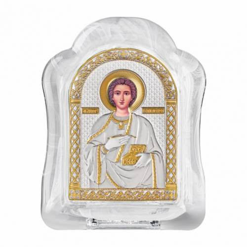 Panteleimon Ikona łukowa ze Szkła Murano. Malowany kwadrant. Srebro 999. Złoto.