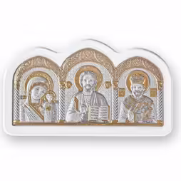 Trittico Icona ad arco. Faccia dipinta. Base bianca. Argento 999. Oro.