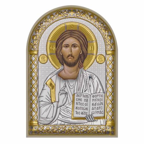 Chrystus Mała Ikona łukowa. Malowana twarz. Podstawa biała. Srebro 999. Złoto.