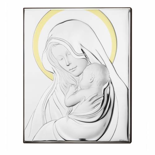 Icona "Madonna con Bambino" in Legno e Argento