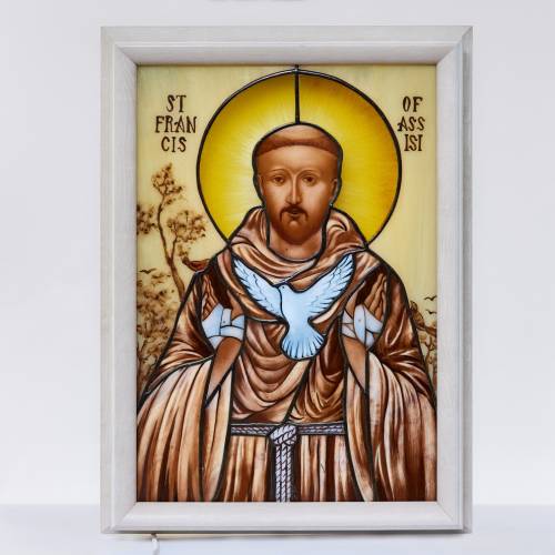 Stained glass icon of St Francis of assisi Illuminated 