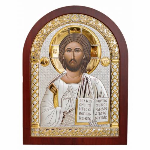 Chrystus Ikona łukowa. Malowana twarz. Podstawa brązowa. Srebro 999. Złoto.