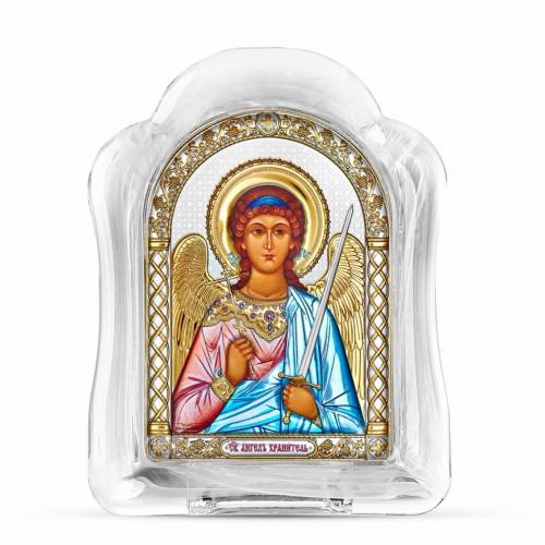 Święty Anioł Ikona łukowa ze Szkła Murano. Malowany kwadrant. Srebro 999. Złoto. Kolorowa.