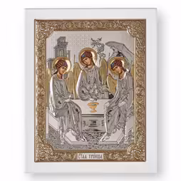 Trinità Icona rettangolare. Quadrante dipinto. Base bianca. Argento 999. Oro.