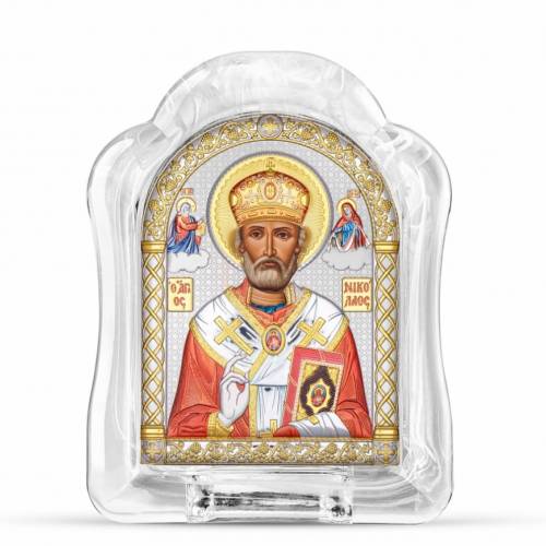 Święty Mikołaj Ikona łukowa ze Szkła Murano. Malowany kwadrant. Srebro 999. Złoto. Kolorowa.