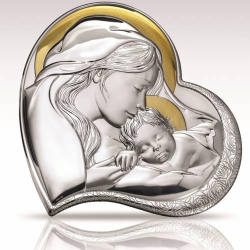 Ikona Sacra Madonna z Dzieciątkiem Serce Srebro Bilaminowane Złote Detale - 24x24 cm