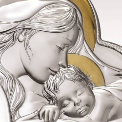 Ikona Sacra Madonna z Dzieciątkiem Serce Srebro Bilaminowane Złote Detale - 24x24 cm